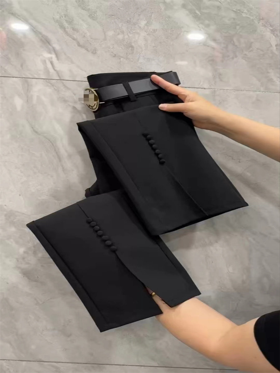 韩版夏季新款时尚百搭显瘦修身开叉钉扣四面弹九分休闲微喇女西裤