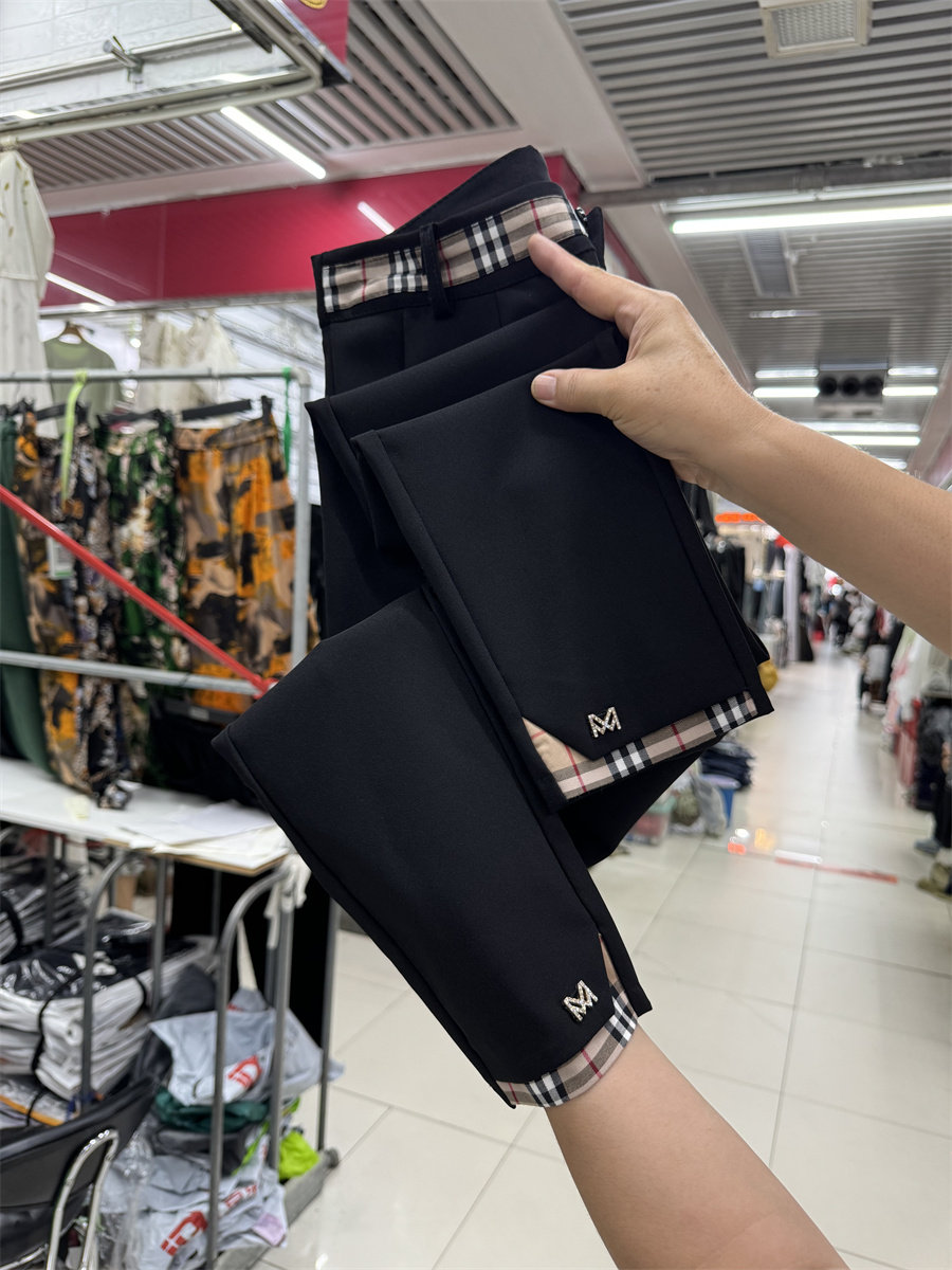 2025春秋爆款黑色西裤高腰百搭显瘦拼接撞色格子九分修身铅笔裤女