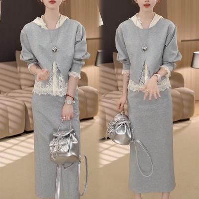 时尚慵懒套装裙女2025春季蕾丝连帽背心开叉罩衫卫衣半身裙三件套