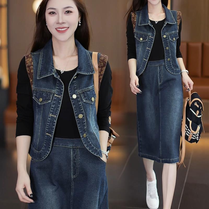 时尚气质套装裙女2025秋季新款洋气显瘦牛仔马甲连衣裙休闲两件套