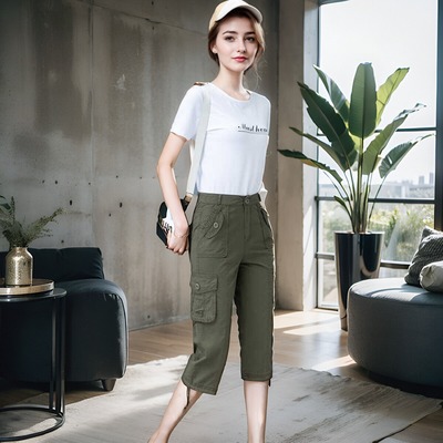 多口袋高腰宽松中裤哈伦裤