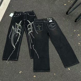 Thug Club24FW朴宰范同款部落树胡须线刺绣中腰宽松刺绣牛仔裤