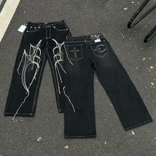 Thug Club24FW朴宰范同款部落树胡须线刺绣中腰宽松刺绣牛仔裤