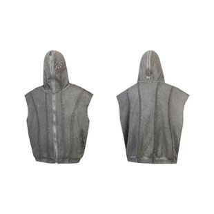THUG CLUB VIBE水洗蜡染拉链鲨鱼蒙面无袖开衫短款马甲男潮牌外套