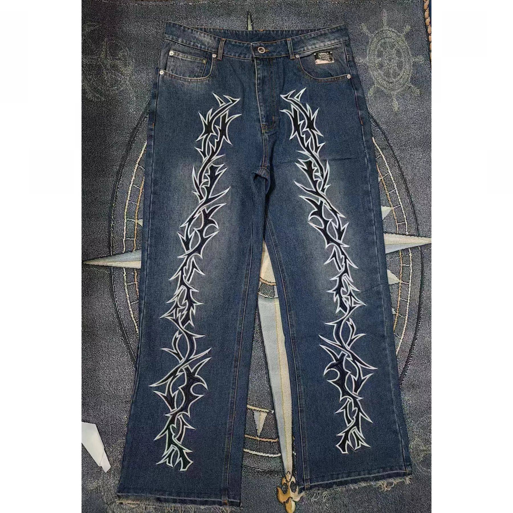 【现货】Revenge Thorn 蓝色荆棘万针绣LOGO口袋直筒宽松牛仔裤