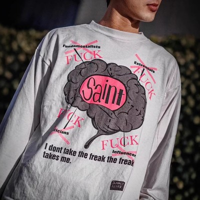 SAINT MICHAEL潮牌高街小脑子印花做旧复古休闲长袖宽松打底T恤