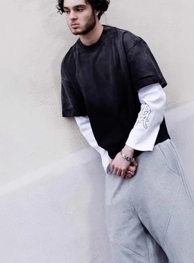 现货Mertra水洗做旧刺绣logo假两件华夫格袖美式春秋长袖T恤