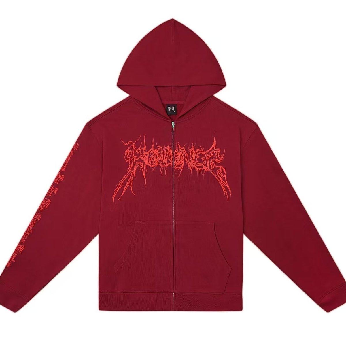 【现货】Revenge 重磅开衫立体荆刺字母LOGO印花宽松酒红卫衣男女