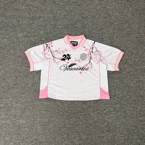 Vescartes美式和风樱花24号短袖男女条纹V领宽松运动球服潮牌T恤