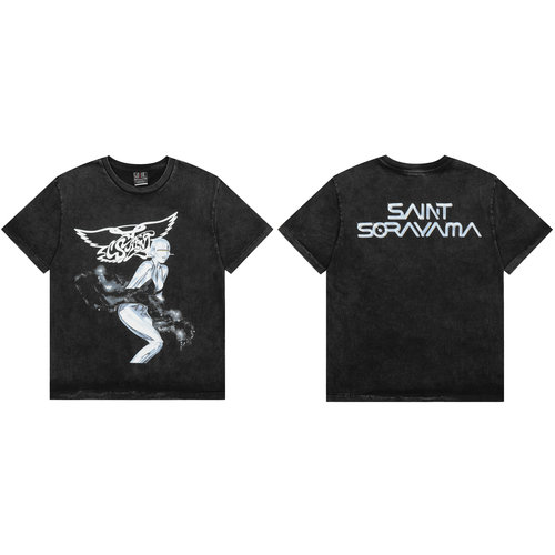 正确SANIT MX洗水做旧VINTAGE风印花短袖机械女空山基复古圆领T恤