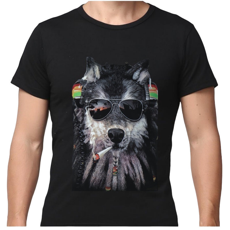 100%纯棉夏装叼烟耳机狼风男子潮牌宽松大码朋克个性针织短袖t恤