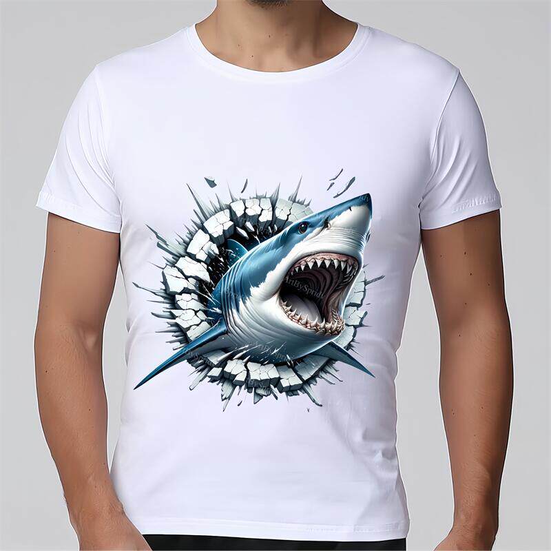 100%纯棉夏装3D立体图破墙鲨鱼宽松大码男子个性潮流白色短袖T恤