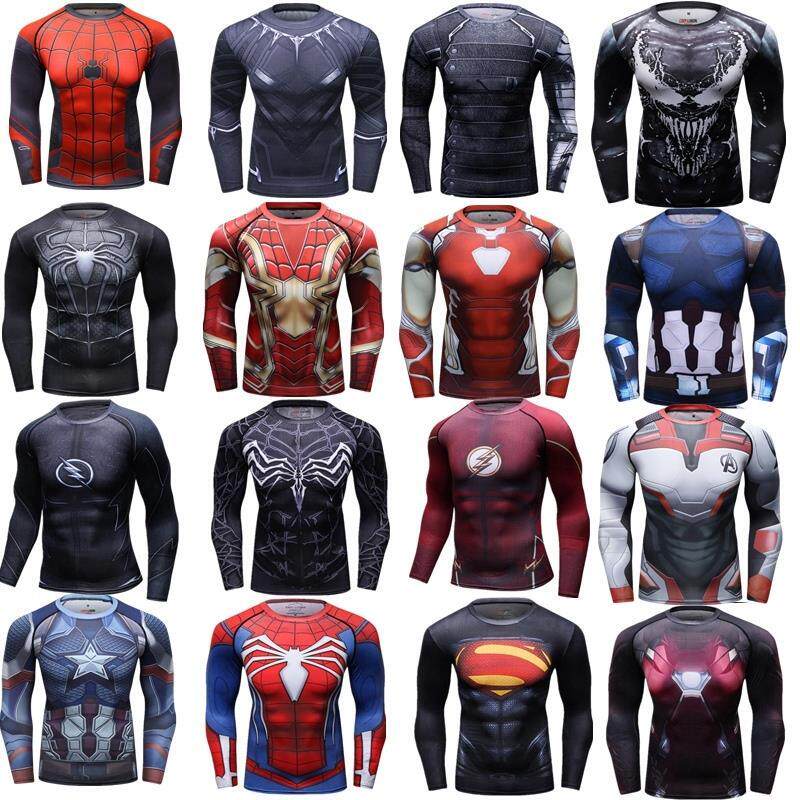 超级英雄钢铁侠蜘蛛侠美国队长运动弹力修身长袖T恤健身衣紧身衣