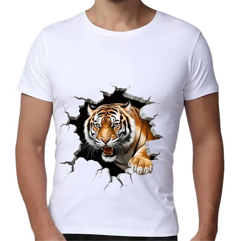 100%纯棉夏装3D立体图破墙老虎宽松大码男子个性潮流白色短袖T恤