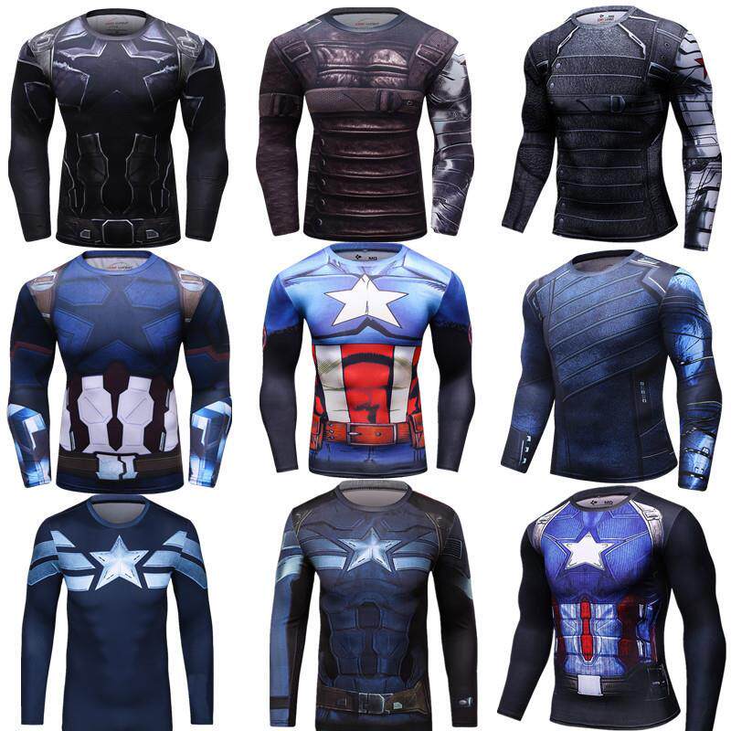 3D超级英雄美国队长冬兵健身衣运动衫弹力长袖T恤篮球足球紧身衣
