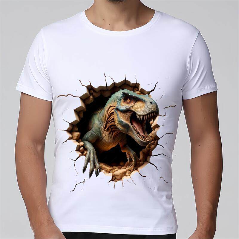 100%纯棉夏装3D立体图破墙恐龙宽松大码男子个性潮流白色短袖T恤