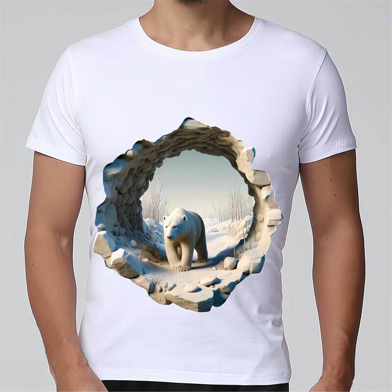100%纯棉夏3D立体图破墙北极熊宽松大码男子个性潮流白色短袖T恤