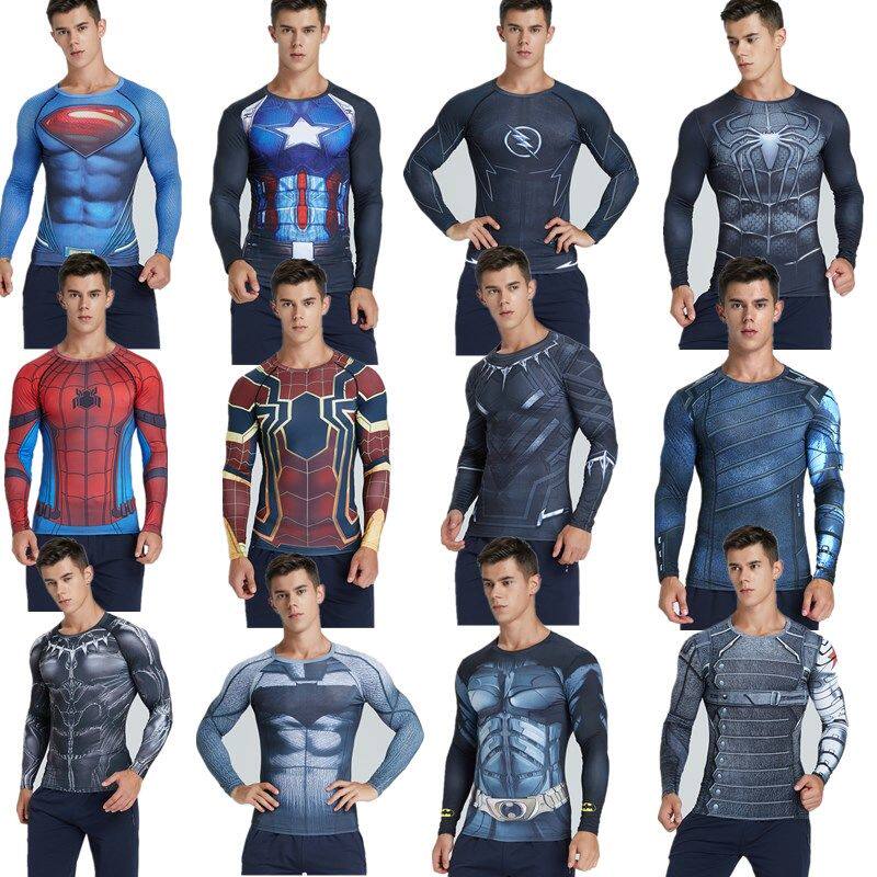 蝙蝠侠超人美国队长蜘蛛侠钢铁侠弹力篮球足球运动紧身健身衣长袖