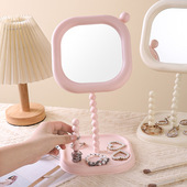 奶油花朵卡通化妆镜台式 桌面镜子可旋转学生宿舍美颜收纳梳妆镜
