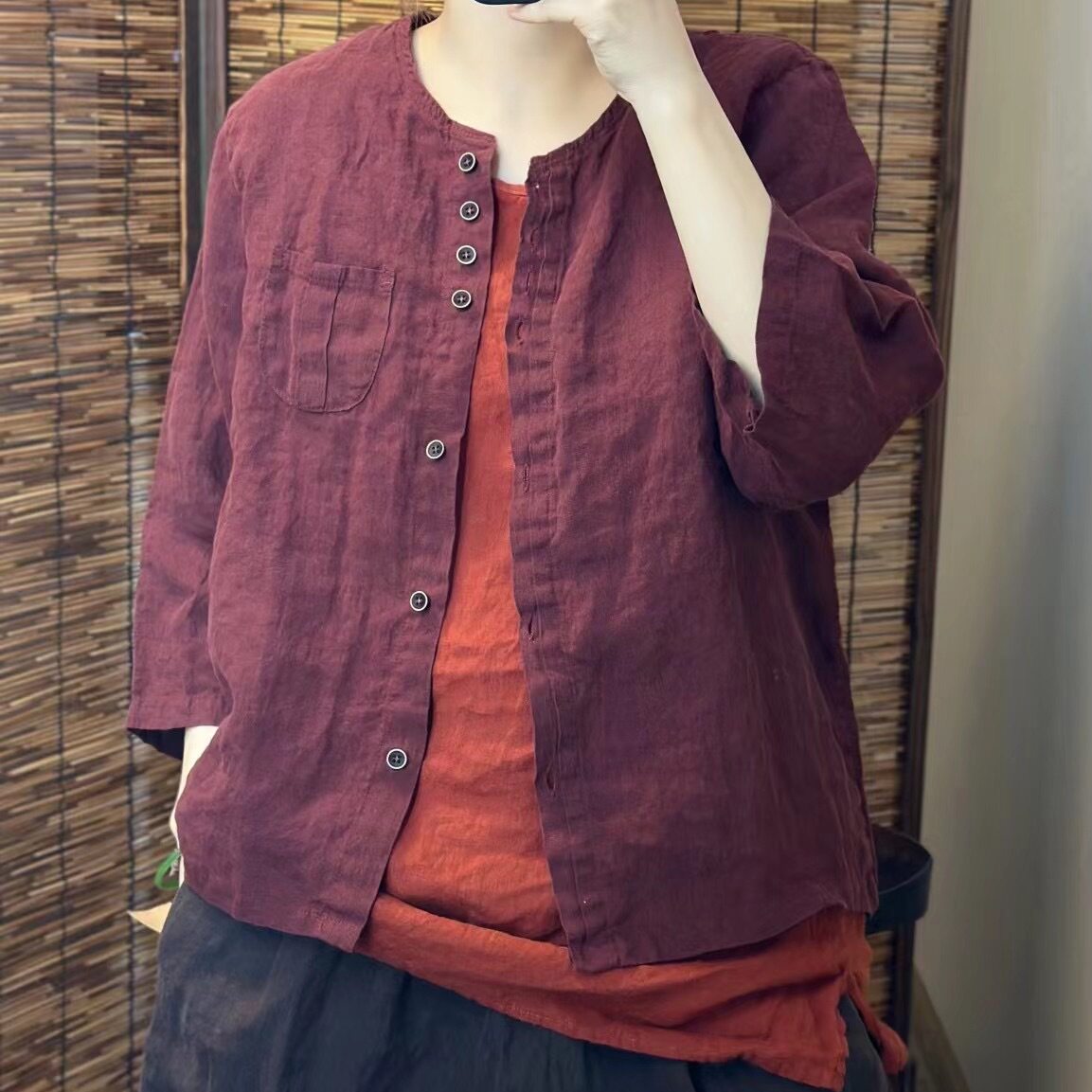 希哦原创复古纯亚麻休闲宽松轻薄透气圆领舒适衬衫女2025夏季外套
