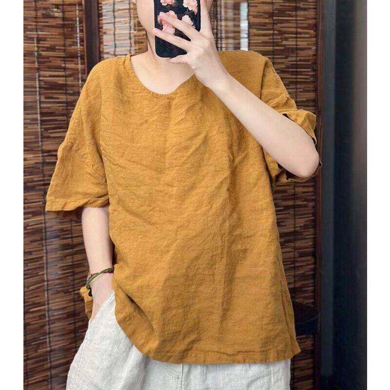 夏季新中式亚麻宽松显瘦T恤女