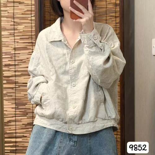 希哦复古炒色100%亚麻衬衫双层外套女2026年秋款翻领长袖开衫外搭