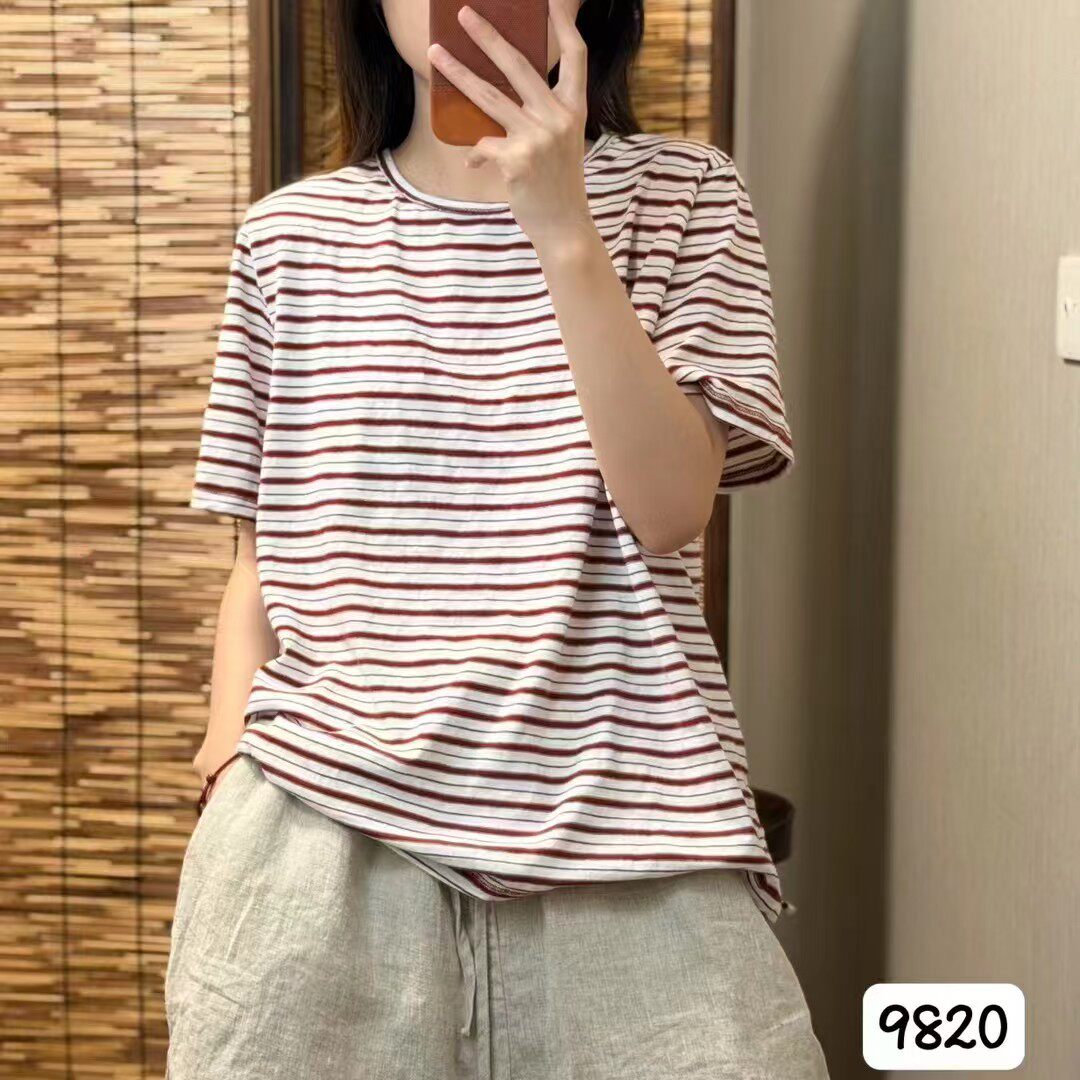 复古条纹宽松圆领显瘦短袖T恤女