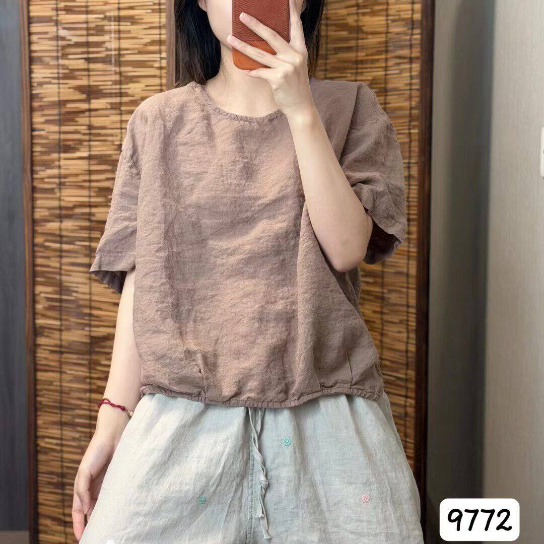 老钱风亚麻短袖女衬衫透气亲肤