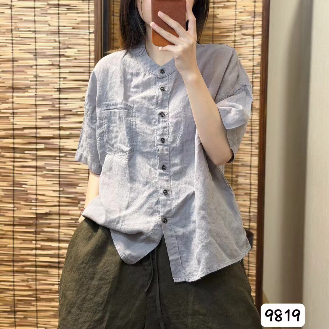 文艺风亚麻短袖衬衫女宽松立领纽扣开衫上衣2026年夏季新品百搭款