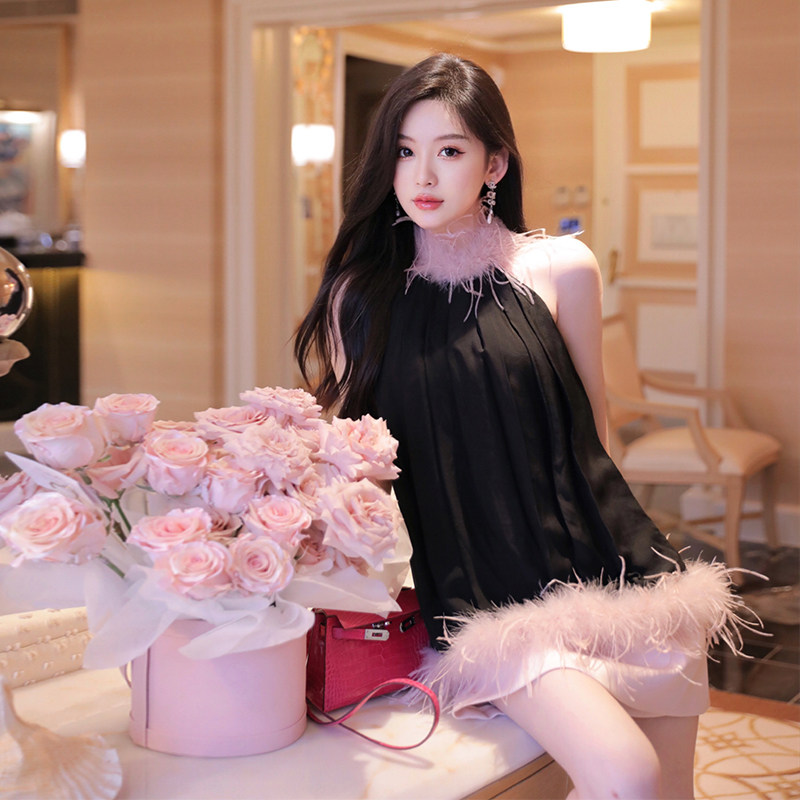 veramoon 高阶美人 高级感名媛真丝鸵鸟毛无袖上衣/a字裙裤套装