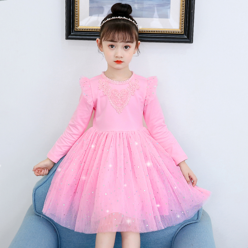 女童粉色秋款连衣裙宝宝甜美长袖公主裙红色亮片洋气2025女孩纱裙