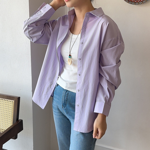 莱赛尔天丝棉衬衫女宽松慵懒韩系高级感百搭新款紫色衬衣休闲外套