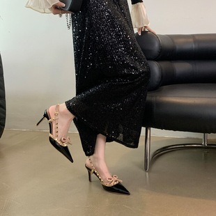 漆皮细跟鞋 2025尖头高跟鞋 柳钉蝴蝶结凉鞋 时尚 春夏新款