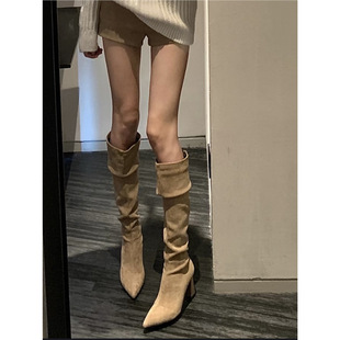 2026尖头绒面褶皱堆堆靴子女新款 过膝长筒靴粗跟高筒骑士靴