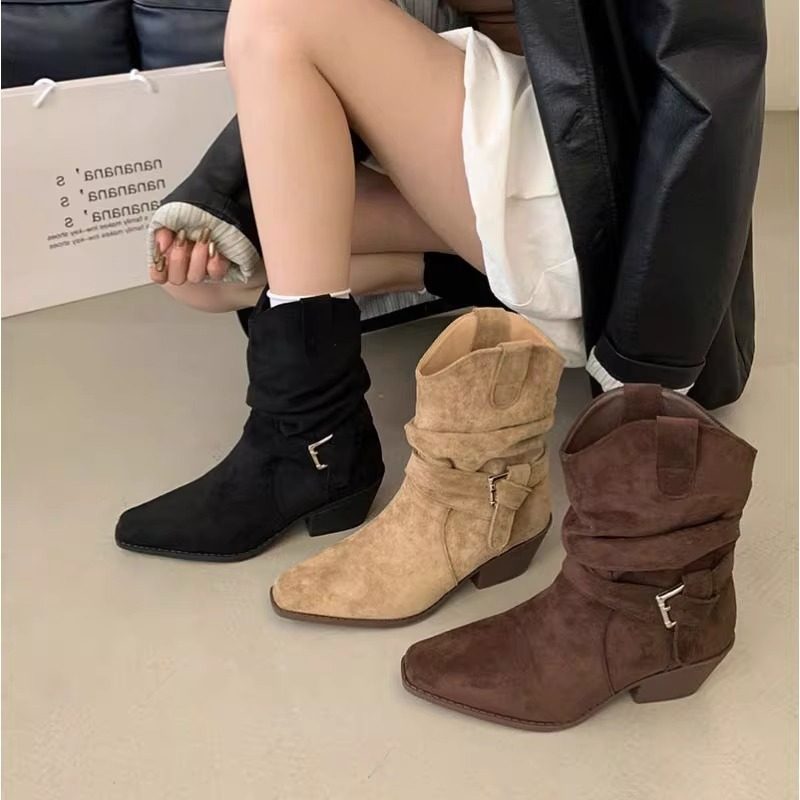 2026新款复古风绒面V口西部牛仔靴女高跟尖头中筒靴皮带扣堆堆靴,女鞋,时装靴,淘宝优惠券,粉丝福利购,淘宝优惠卷