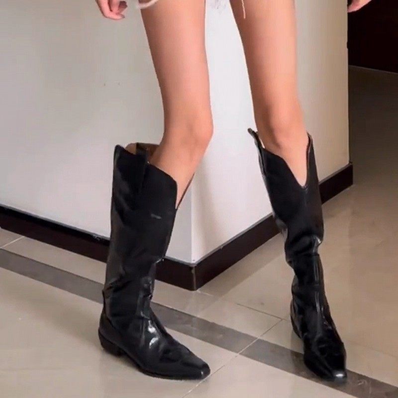 真皮欧美风气质显瘦长筒V口骑士靴女复古方头粗跟西部牛仔靴子,女鞋,骑士靴,淘宝优惠券,粉丝福利购,淘宝优惠卷