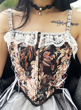 21640春夏新款法式花边复古印花吊带背心女外穿斜绑带鱼骨胸衣