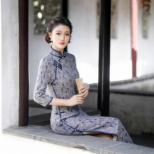 长袖旗袍秋冬保暖连衣裙中年女妈妈格子日常穿礼服大码复古民国风