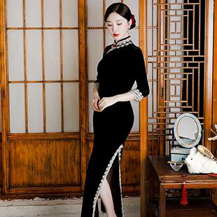 老上海韵味旗袍秋新品女复古气质长裙七分袖改良版金丝绒旗袍