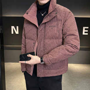 羽绒服男冬季立领潮牌2025新款修身短款暗花时尚袄子加厚冬装外套