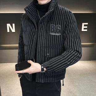 短款条纹羽绒服男士冬季2025年新款加厚外套潮牌潮流时尚帅气冬装