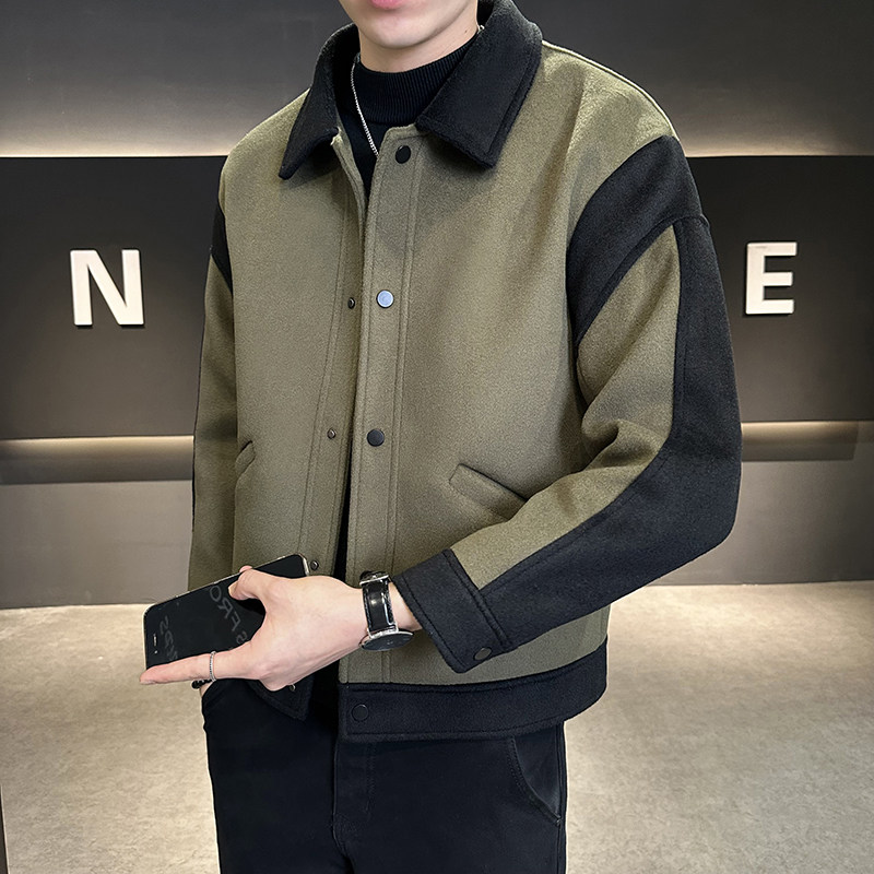 毛呢外套男春秋冬季潮牌2025新款修身拼接加厚呢子夹克痞帅上衣服