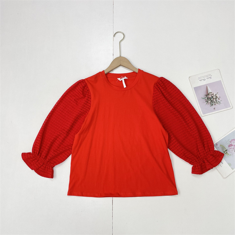 H7格纹泡泡袖~北欧单外贸25秋新款女士圆领宽松八分袖镂空拼接T恤