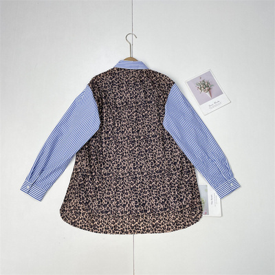 C4条纹+豹纹相撞~外单26春夏新款女衬衫领长袖宽松直筒拼接上衣