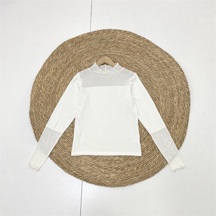 花边领T恤长袖 百搭超舒服26春新款 打底上衣 网纱拼接版 C4外单日单