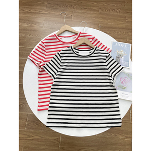 F5百搭实用款~外单25夏新款圆领女士短袖宽松条纹拼色套头针织衫