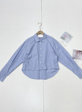 F3蓝白条纹烫钻设计~外单纯元26春新款长袖开扣衬衫百搭开衫上衣