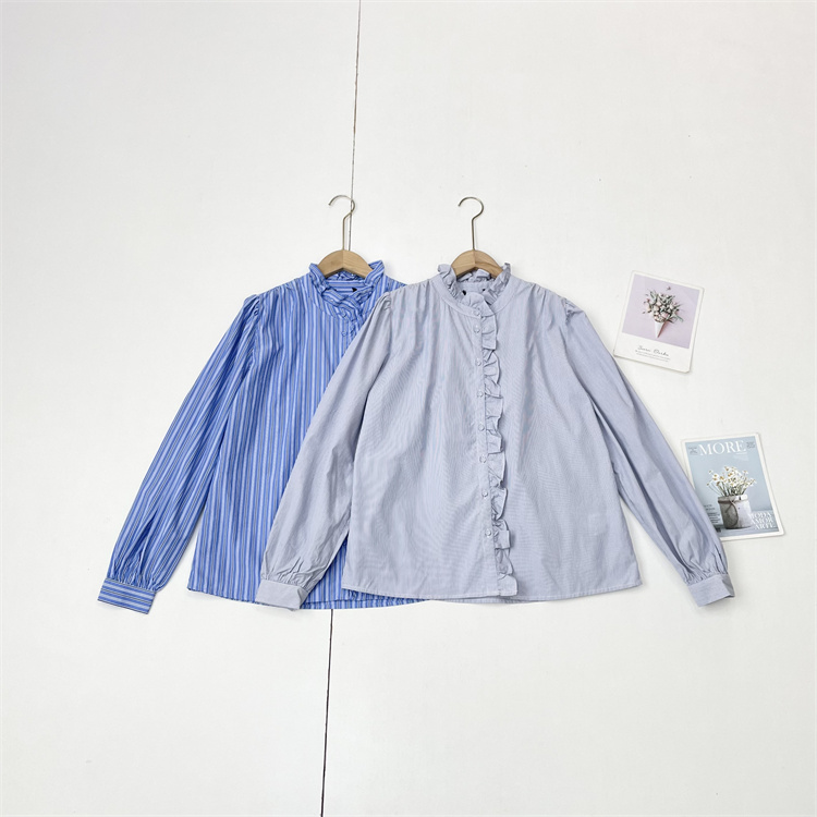 经典条纹法国外单26春新款女花边立领衬衫长袖经典甜美开衫上衣