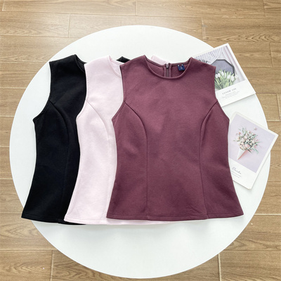 G5法式通勤风~北欧单25秋款女士无袖套头上衣收腰圆领背心衬衫