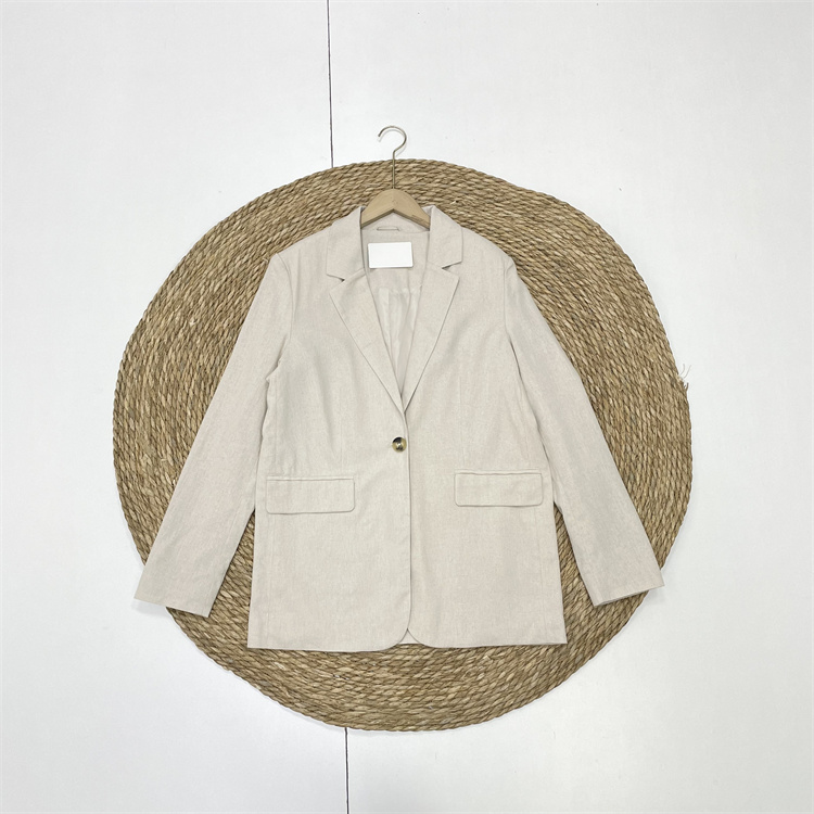 C454%亚麻外单纯元26春新款女纯色西装领长袖透气舒适款百搭西服